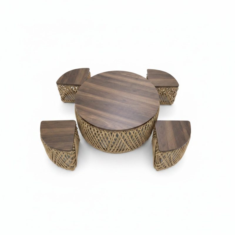 Set table et 4 tabourets en corde de papier et MDF