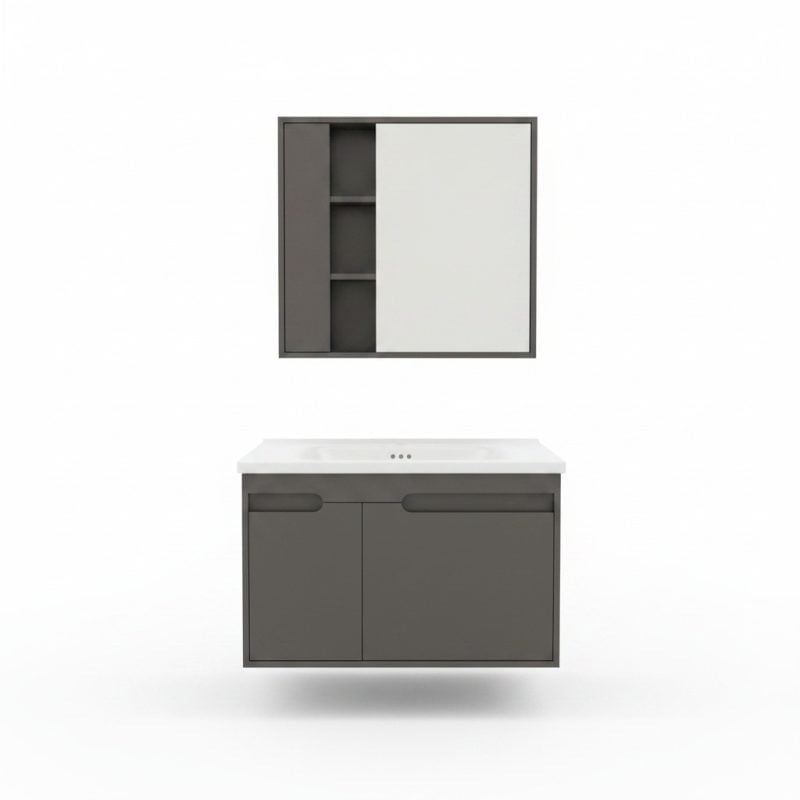 Meuble salle de bain PVC 80cm gris avec miroir et vasque