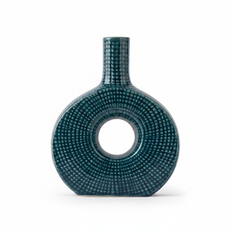 Vase Donut en Céramique Texturée Bleu 20 cm
