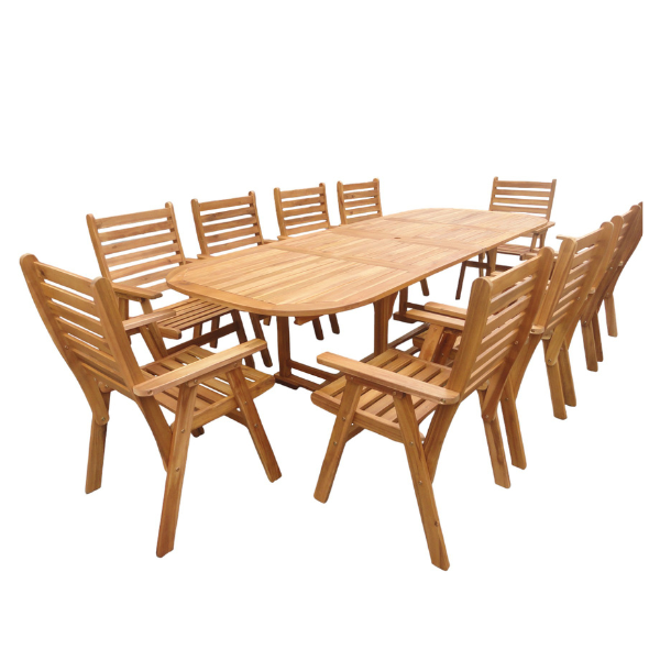 Set De Table Extensible Ovale Avec 10 Chaises À Accoudoirs En Bois D’Acacia ( 165+100)X100X75Cm