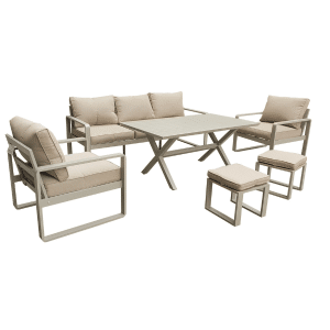 Salon de jardin 5 places +2 poufs avec table rectangulaire en aluminium taupe