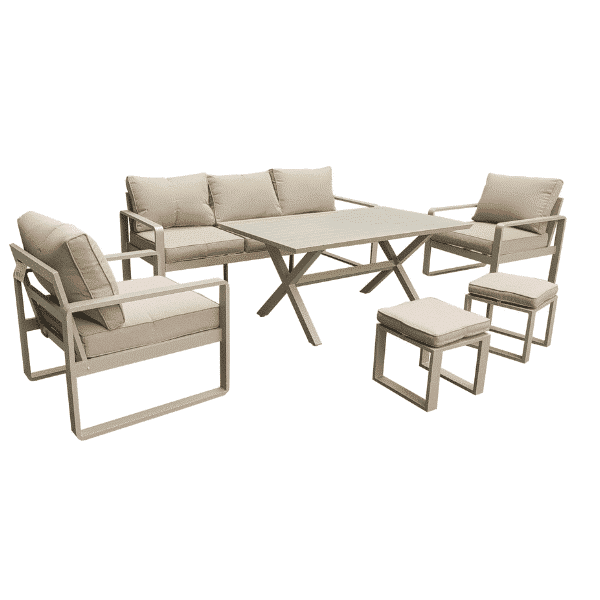 Salon de jardin 5 places +2 poufs avec table rectangulaire en aluminium taupe