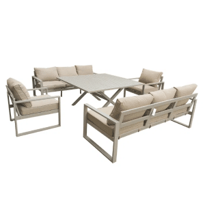 Salon de jardin 8 places avec table carrée en aluminium taupe