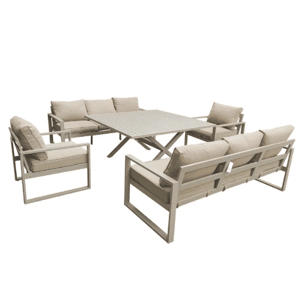 Salon de jardin 8 places avec table carrée en aluminium taupe