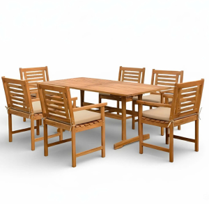 Set de table + 6 chaises à accoudoirs coussin taupe 180x90x74 cm Acacia