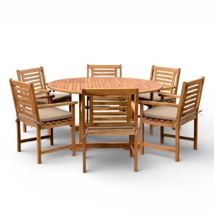 Set de table ronde +6 chaises coussin taupe Ø150 × 75 cm (T092B) Acacia