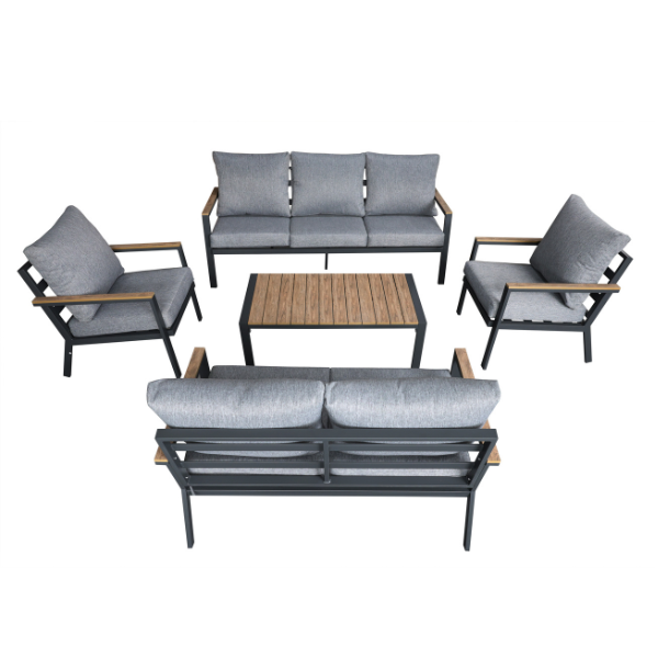 Salon de jardin en aluminium 7 places coussins gris + table