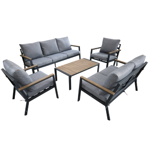 Salon de jardin en aluminium 7 places coussins gris + table