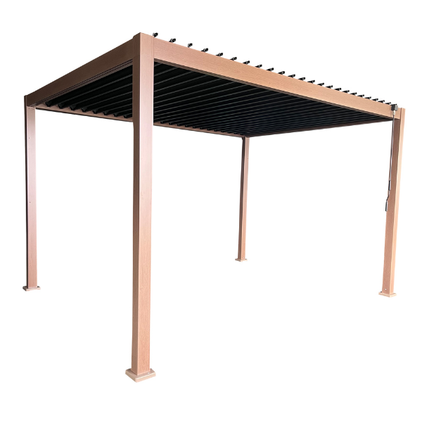 Pergola BIOCLIMATIQUE 3X4m en aluminium autoportante effet bois avec des lames orientables et un store en textilène gris 1x4m