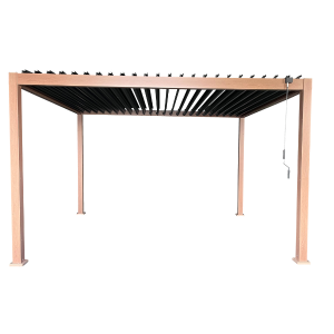 Pergola BIOCLIMATIQUE 3X4m en aluminium autoportante effet bois avec des lames orientables et un store en textilène gris 1x4m