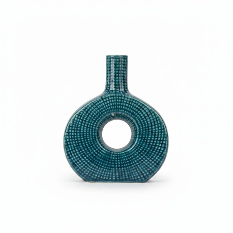 Vase Donut en Céramique Texturée Bleu 20 cm