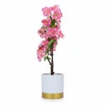 Plante Artificielle Florale Rose en Pot Cannelé Blanc et Doré
