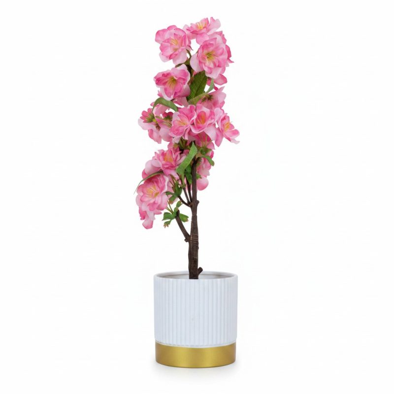 Plante Artificielle Florale Rose en Pot Cannelé Blanc et Doré