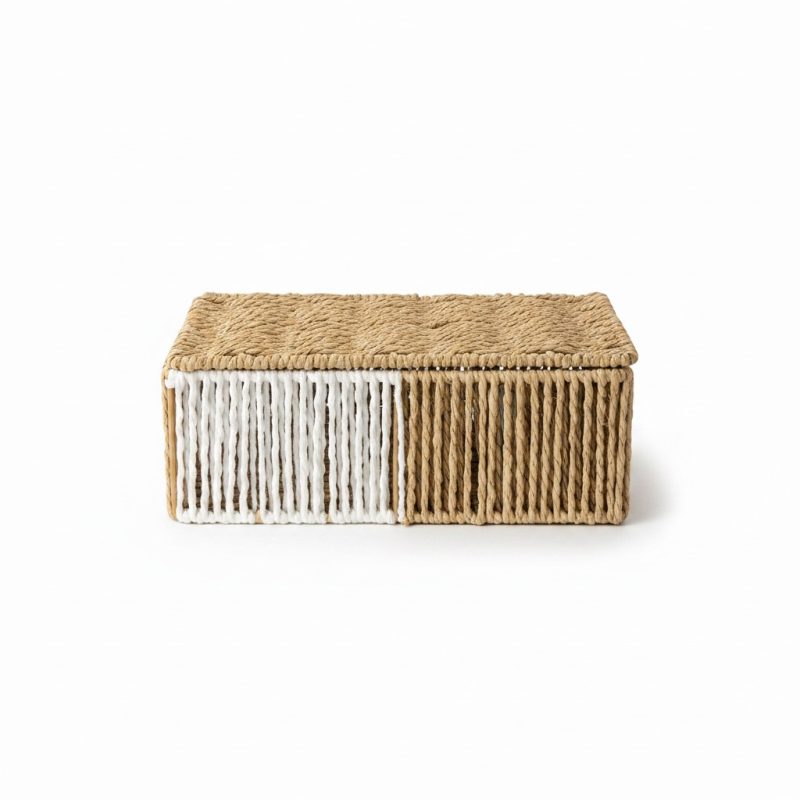 Panier en corde de paille bicolore 26x15x10 cm avec couvercle