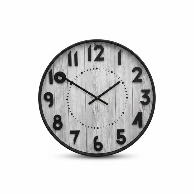 Horloge Murale 50 cm Effet Bois Gris et Chiffres 3D