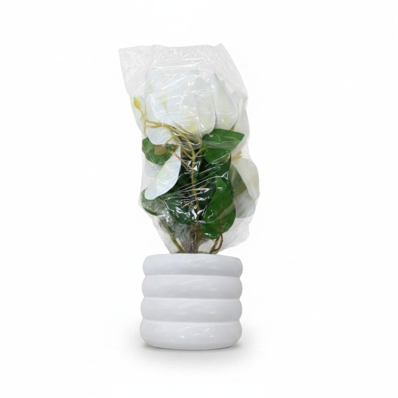 Fleur Artificielle avec Pot Blanc Cannelé, Fleurs Blanches
