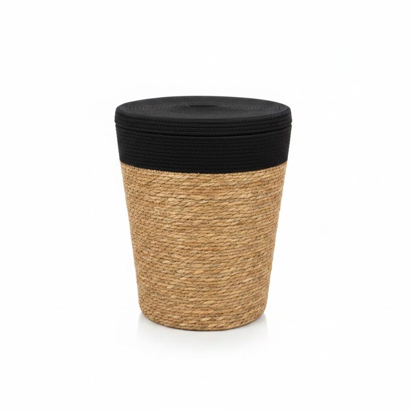 9806891 Panier Rond en Paille et Corde Noire 42x54 cm