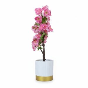 Plante Artificielle Florale Rose en Pot Cannelé Blanc et Doré