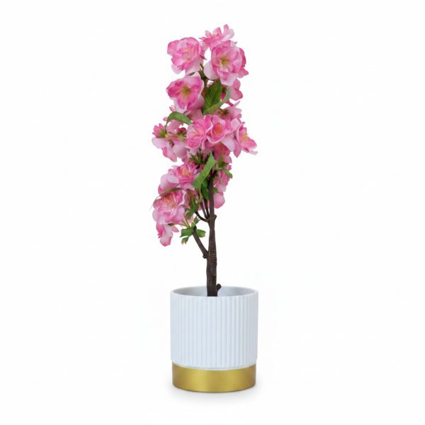 Plante Artificielle Florale Rose en Pot Cannelé Blanc et Doré