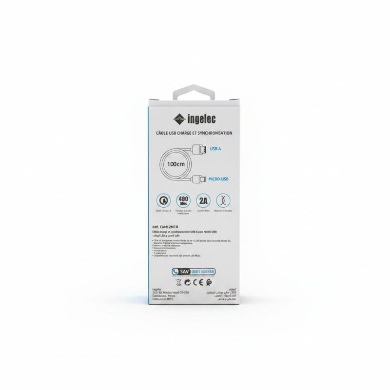 Câble USBA vers MicroUSB 1m 2A Ingelec