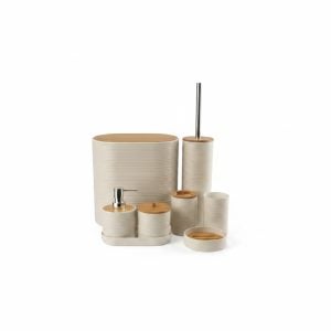 Kit accessoires salle de bain 8 pièces crème et bois