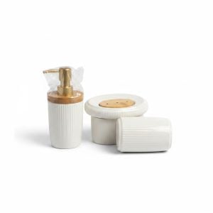 Set 3 Accessoires Salle de Bain Céramique et Bambou