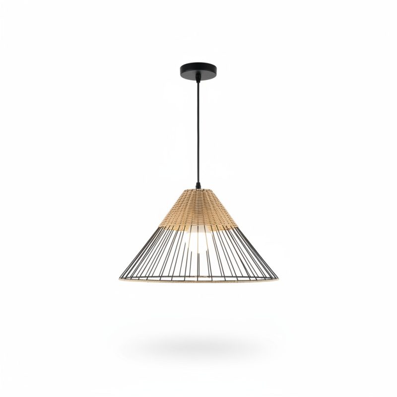 Suspension Bohème D40 cm Métal Noir et Bambou Naturel