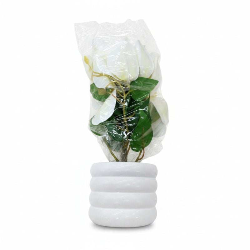 Fleur Artificielle avec Pot Blanc Cannelé, Fleurs Blanches