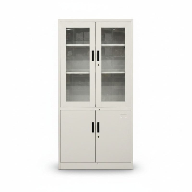 Armoire de rangement métallique grise 4 portes vitrées