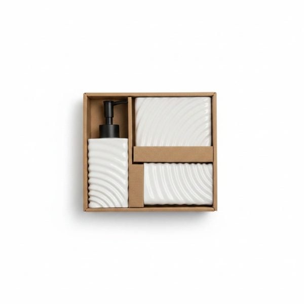 Set 3 accessoires de bain en céramique blanche texturée