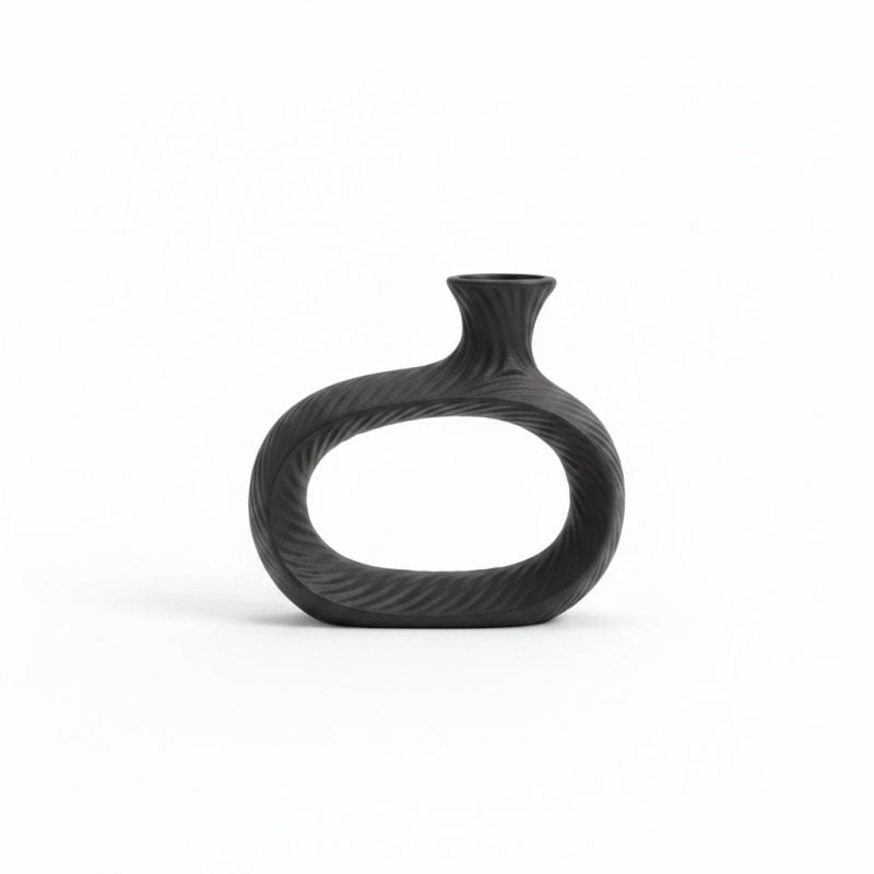 Vase Céramique Noir Forme Donut Texturé H. 15.5 cm