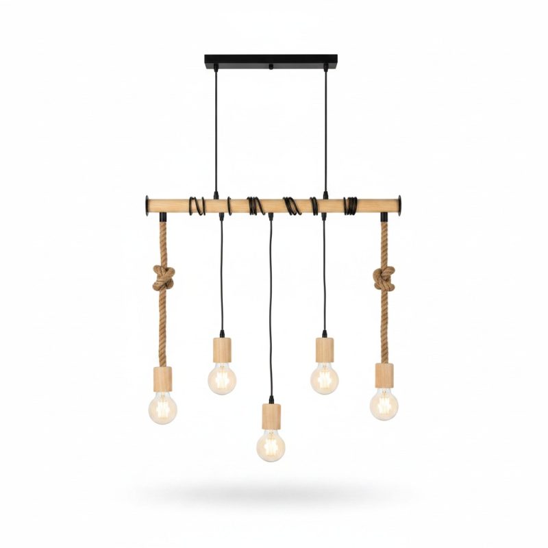 9448381 Suspension Bois Woody 4 Lampes E27 Style Industriel