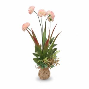 Plante artificielle œillets roses sur base kokedama en jute