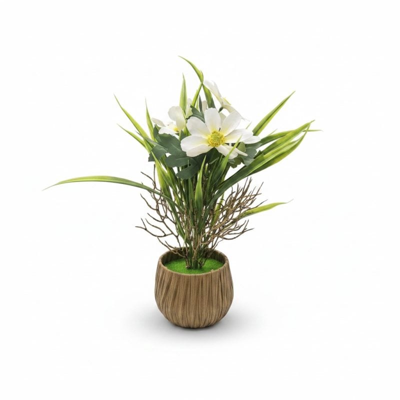 Plante artificielle blanche en pot décoratif tressé