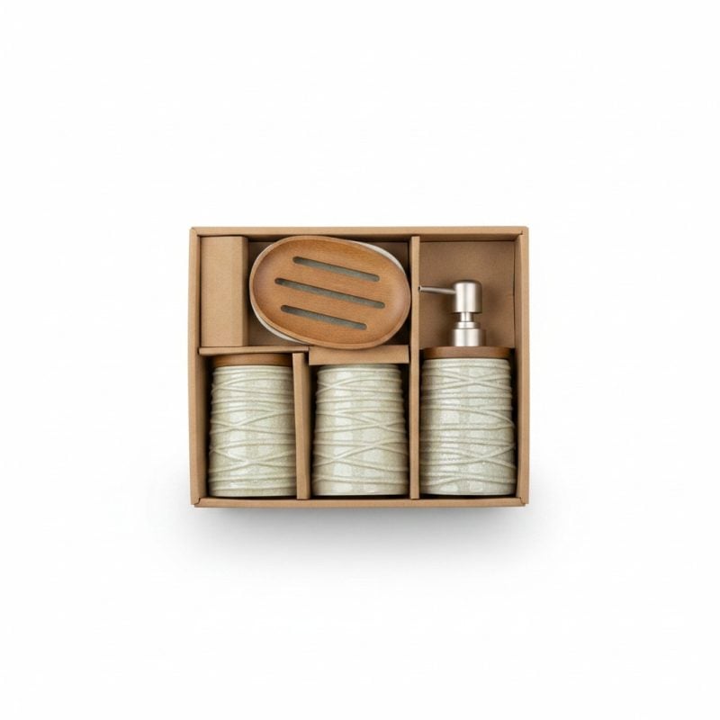Set accessoires de bain 5 pièces en céramique et bois