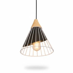 Suspension Conique Métal Blanc et Bois D24 cm