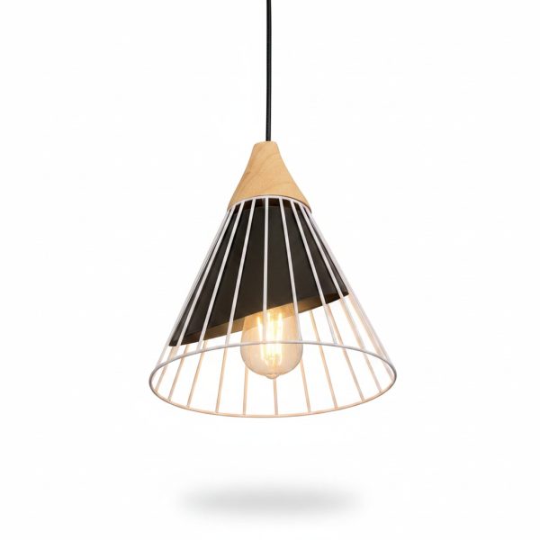 Suspension Conique Métal Blanc et Bois D24 cm