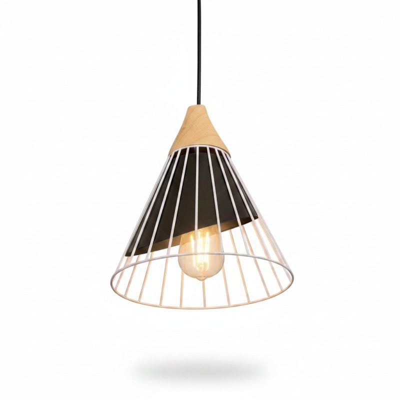 9531161 Suspension Conique Métal Blanc et Bois D24 cm