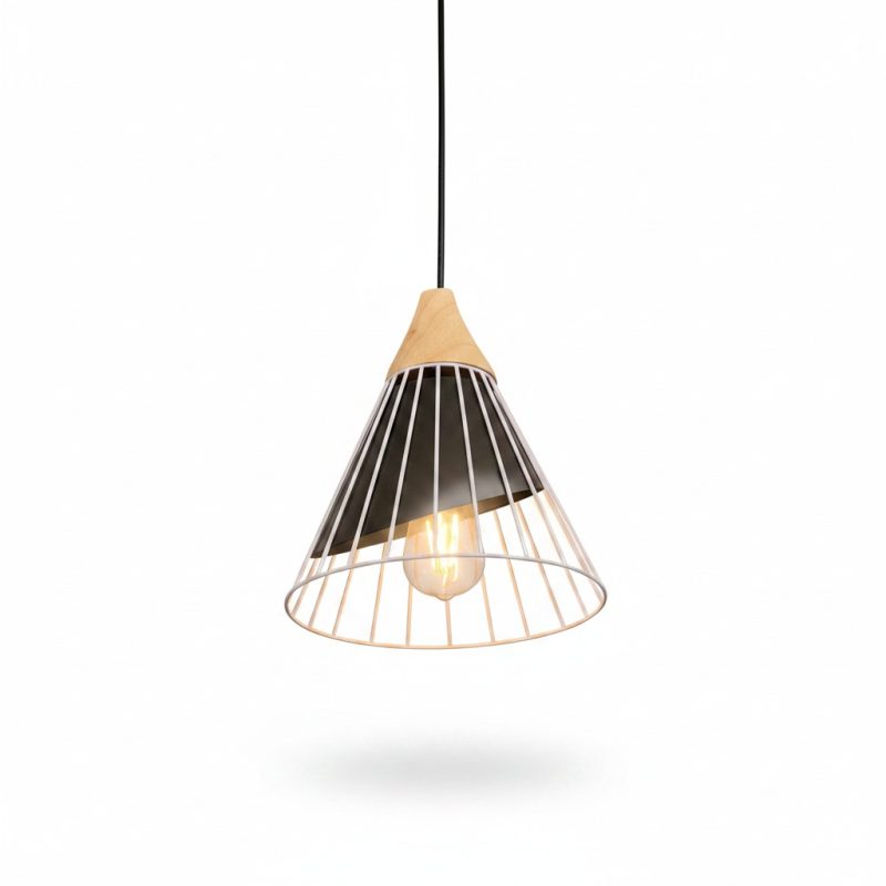 Suspension Conique Métal Blanc et Bois D24 cm