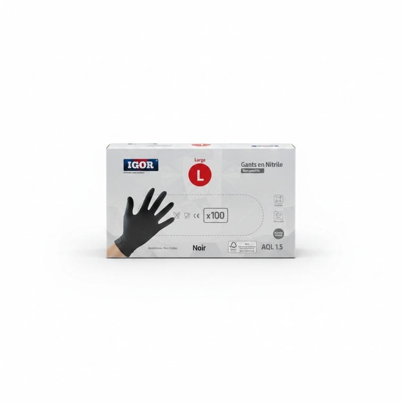 Gants Nitrile Noir Large IGOR (Boîte de 100)