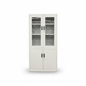 Armoire de rangement métallique grise 4 portes vitrées