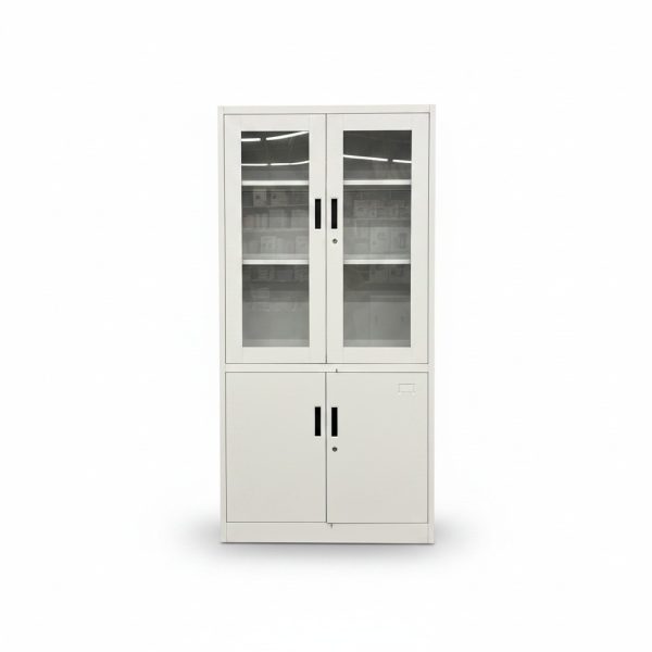 Armoire de rangement métallique grise 4 portes vitrées