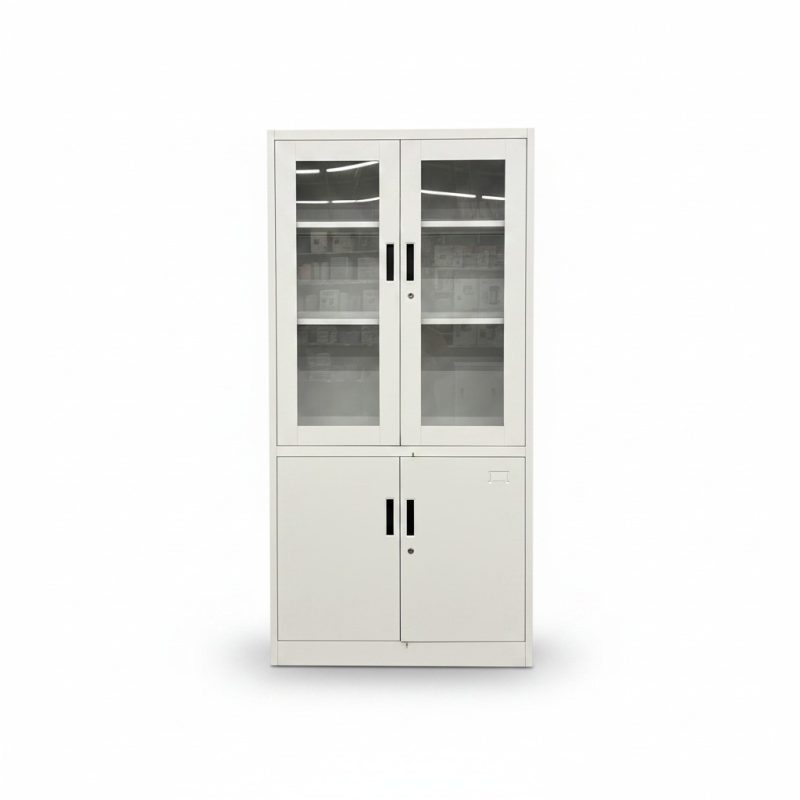 Armoire de rangement métallique grise 4 portes vitrées