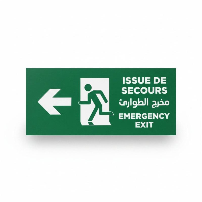 Plaque Signalétique Issue de Secours Adhésive (FR/AR/EN)