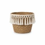 Panier rond en paille avec frange macramé G 26x23 cm