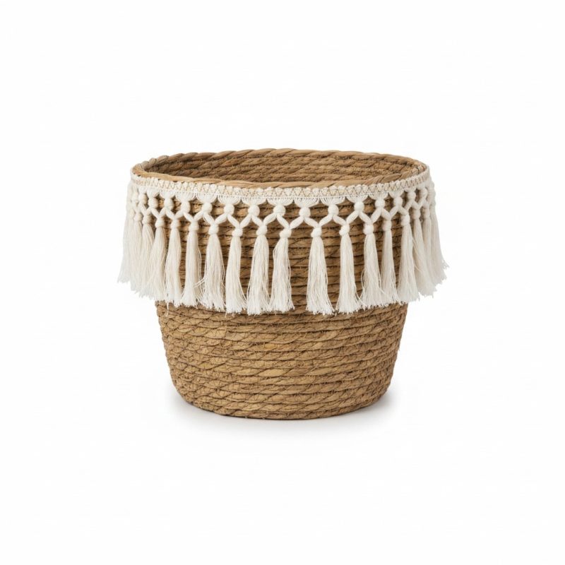 Panier rond en paille avec frange macramé G 26x23 cm