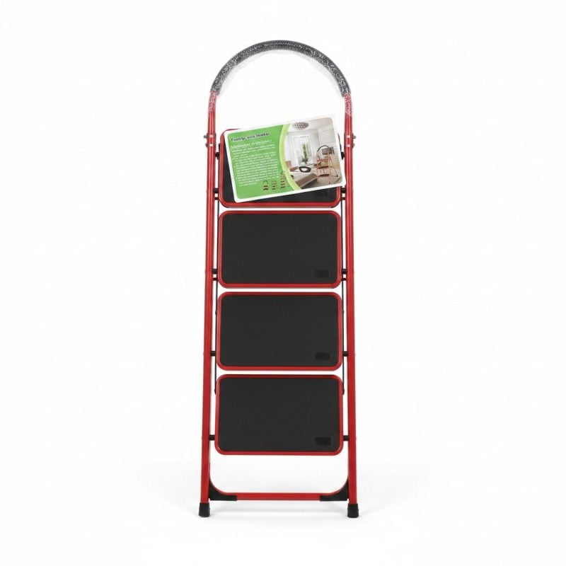 Escabeau 4 marches pliable en acier rouge et noir
