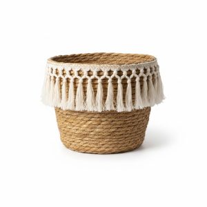 Panier rond en paille avec frange macramé G 26x23 cm