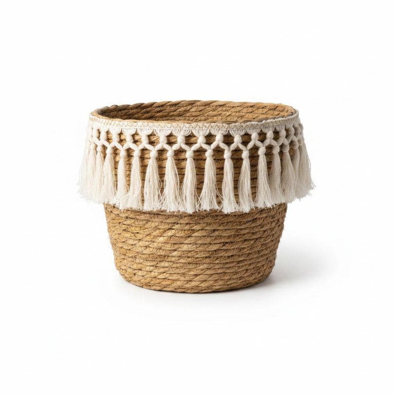 Panier rond en paille avec frange macramé G 26x23 cm