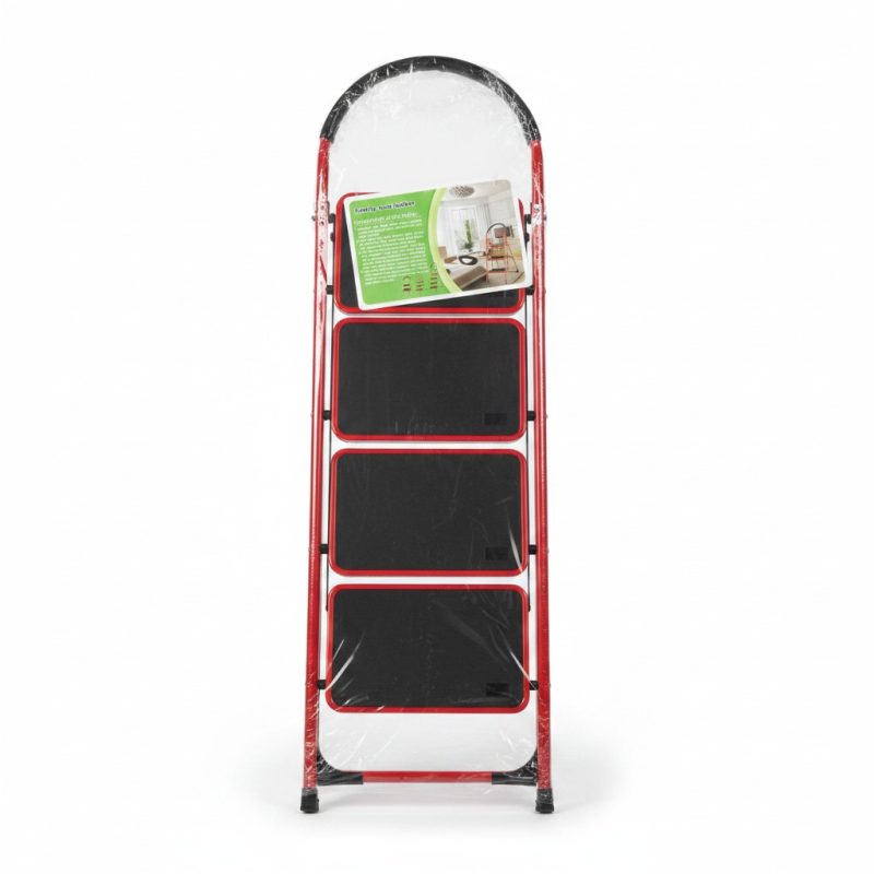 Escabeau 4 marches pliable en acier rouge et noir